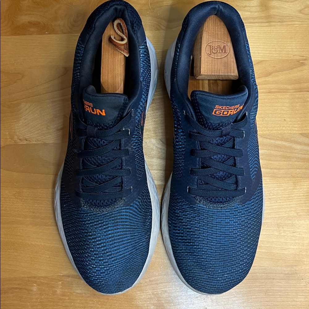 Skechers GOrun Men's Navy Blue Athletic Running Shoes with Orange Logo